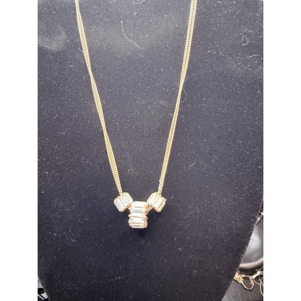 Betsey Johnson Clear Crystal Rose Gold Tone Baguette Pendant Necklace Signed - Picture 6 of 7